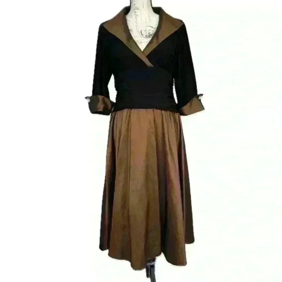 ELIZA J BLACK FIT & FLARE Cuff 3/4 Sleeves V Neck Ruched Waist Sz 14P - Picture 1 of 15